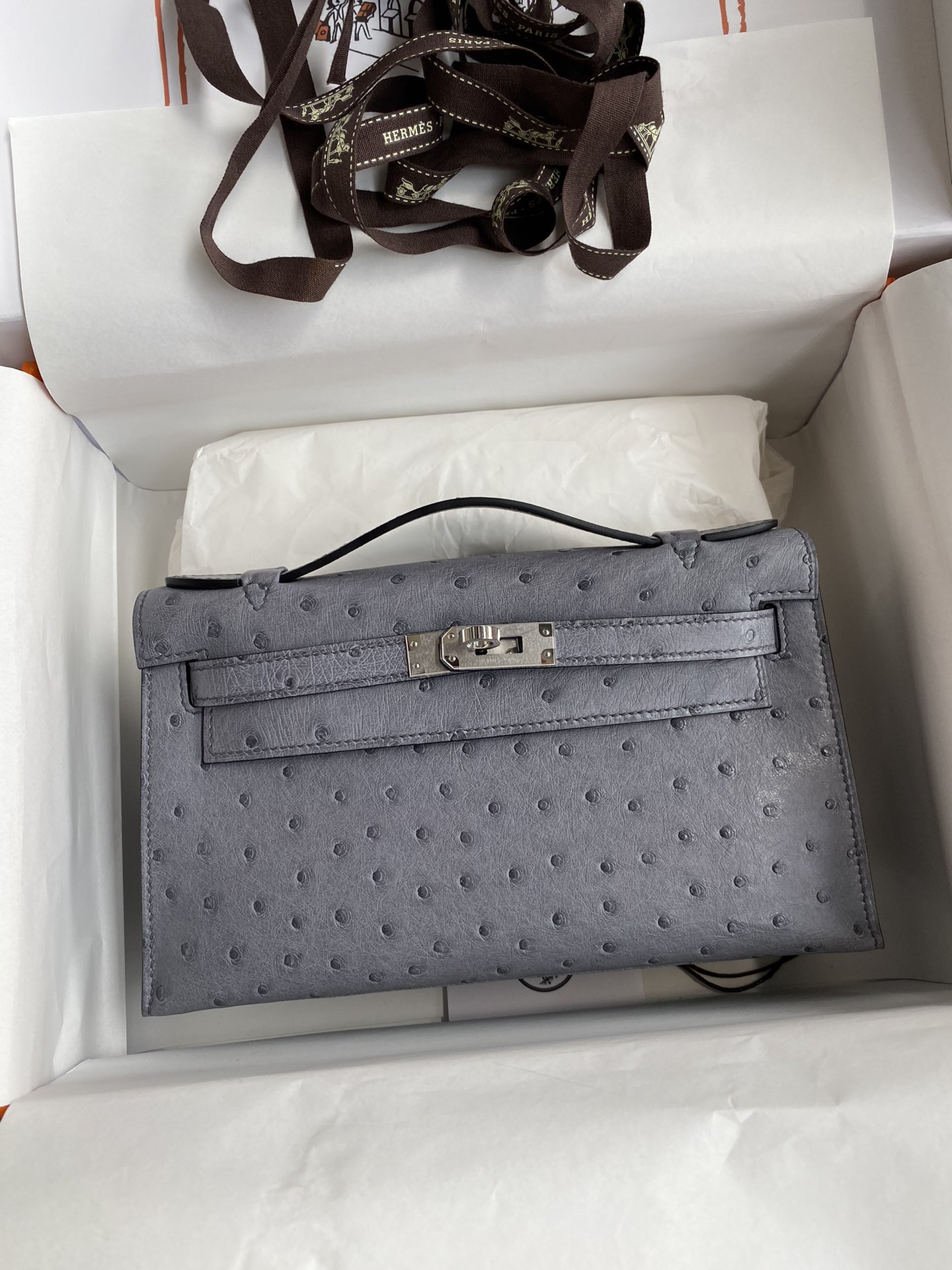 Hermes Mini Kelly Pochette 22cm Bag In Dark Grey Ostrich Leather